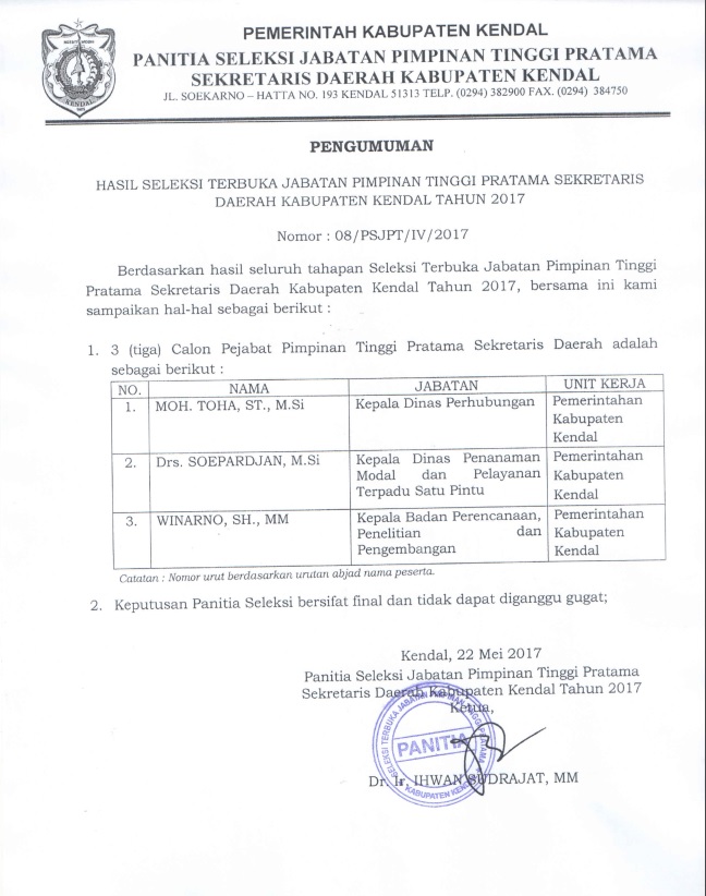 3 Besar JPTP Sekda Kendal 2017